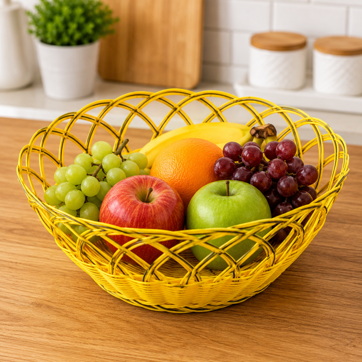 Round Woven Fruit Basket – Decorative Bread & Fruit Storage Bowl, Yellow