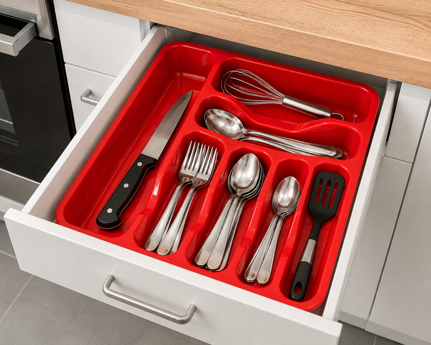Red Plastic Cutlery Tray – 6 Compartment Kitchen Drawer Organiser