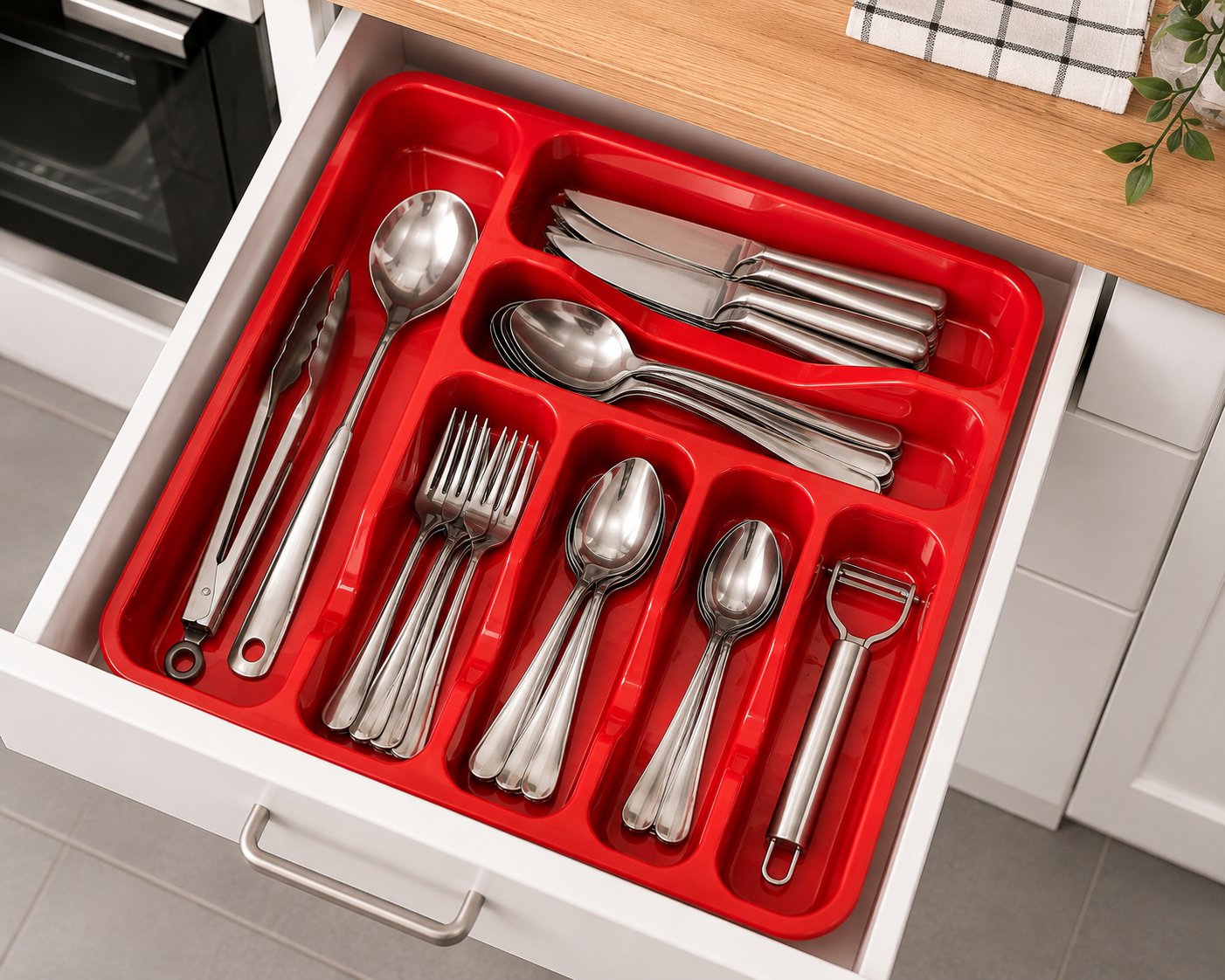 Red Plastic Cutlery Tray – 6 Compartment Kitchen Drawer Organiser