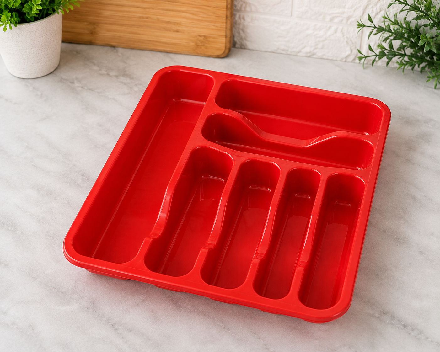 Red Plastic Cutlery Tray – 6 Compartment Kitchen Drawer Organiser