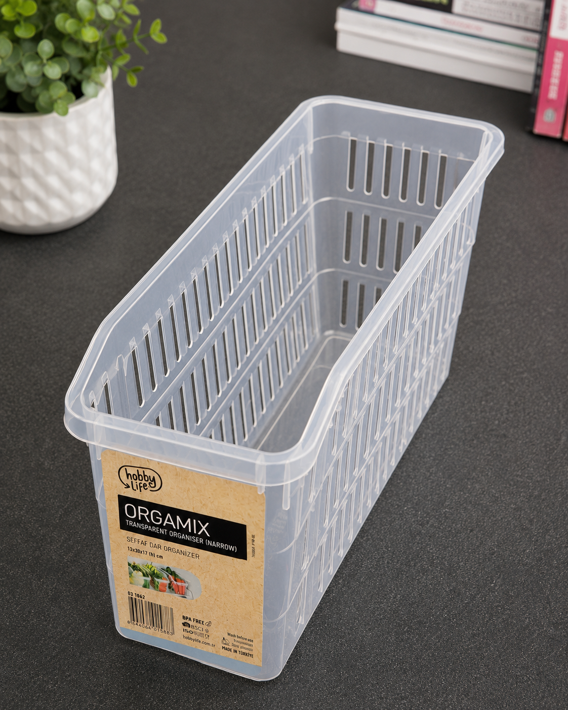 Hobby Life Orgamix Transparent Storage Organiser Basket (Narrow) – Multipurpose Kitchen, Fridge & Home Storage – 13 x 30 x 17 cm