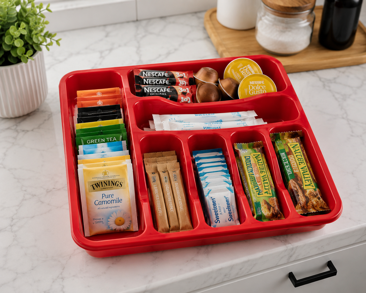 Red Plastic Cutlery Tray – 6 Compartment Kitchen Drawer Organiser