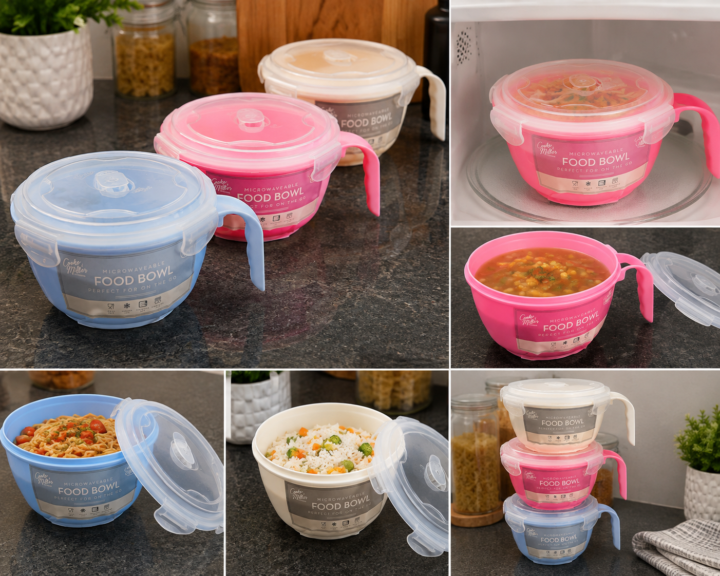 Cooke & Miller Microwaveable Food Bowl with Handle & Locking Lid – BPA Free Soup, Noodle & Lunch Bowl (940ml)