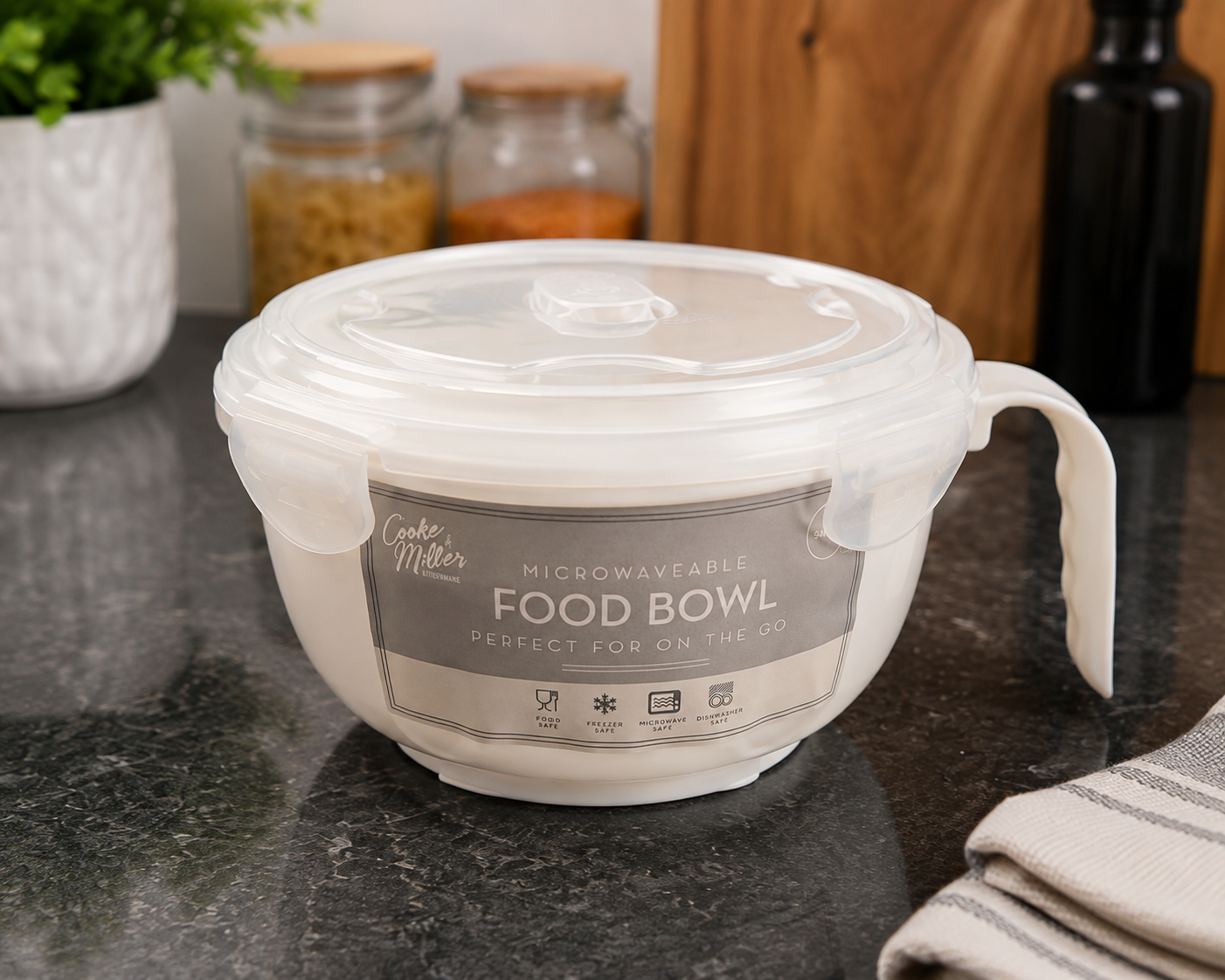 Cooke & Miller Microwaveable Food Bowl with Handle & Locking Lid – BPA Free Soup, Noodle & Lunch Bowl (940ml)
