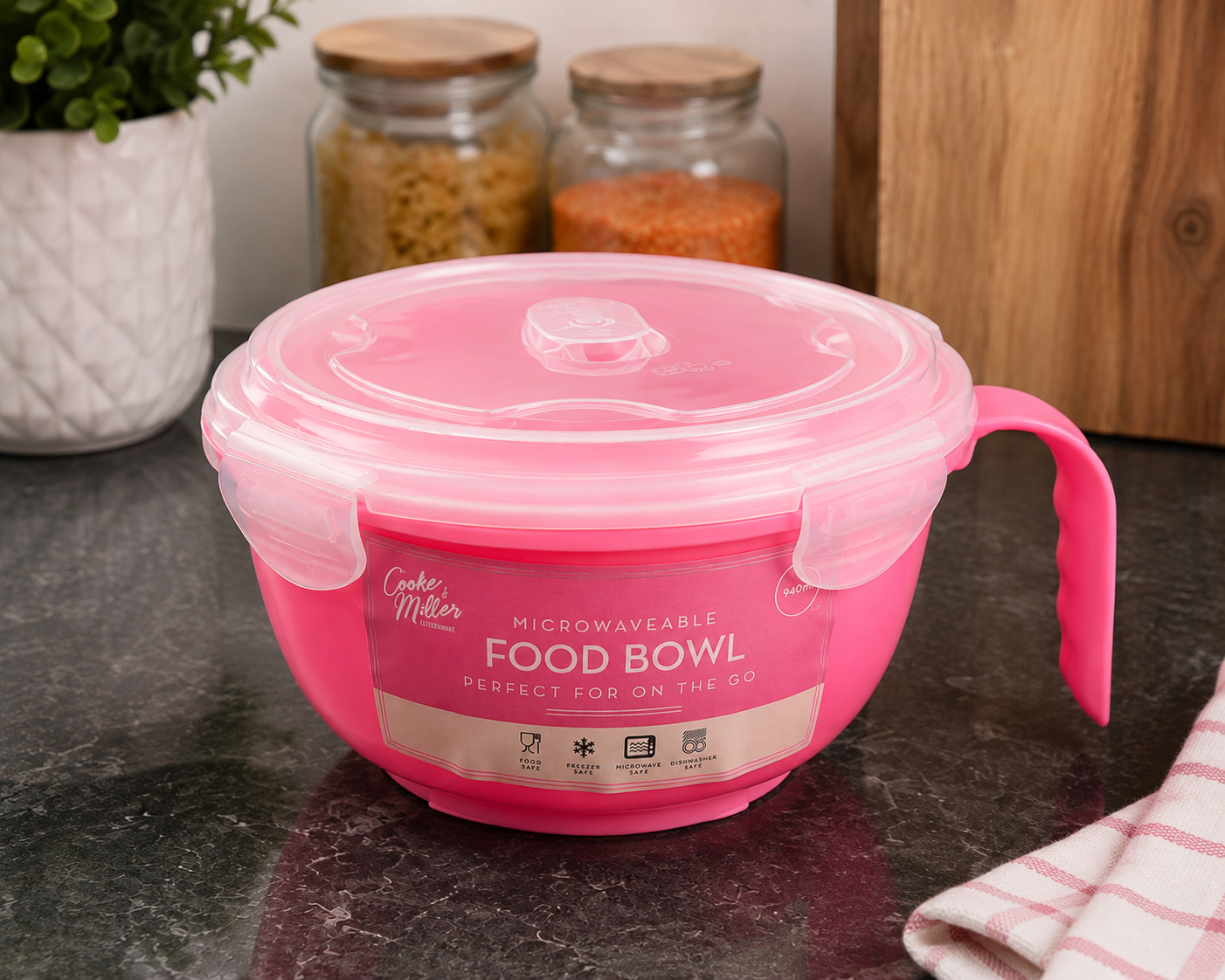 Cooke & Miller Microwaveable Food Bowl with Handle & Locking Lid – BPA Free Soup, Noodle & Lunch Bowl (940ml)