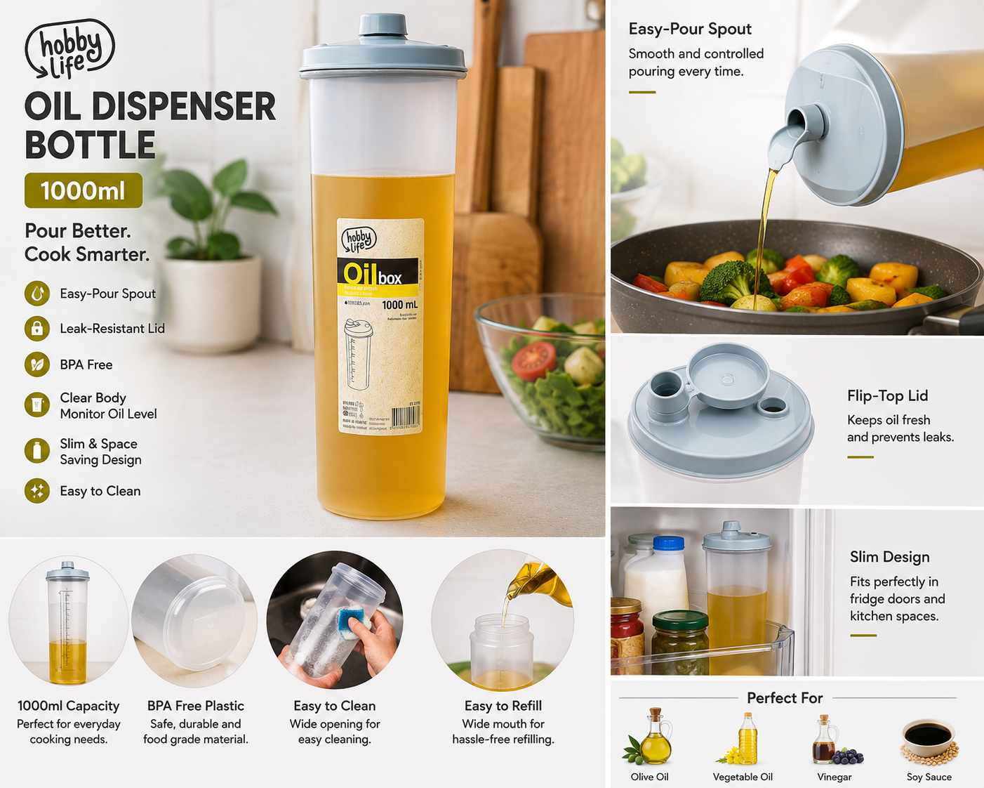 Hobby Life 1000ml Oil Dispenser Bottle – BPA Free Kitchen Oil Container