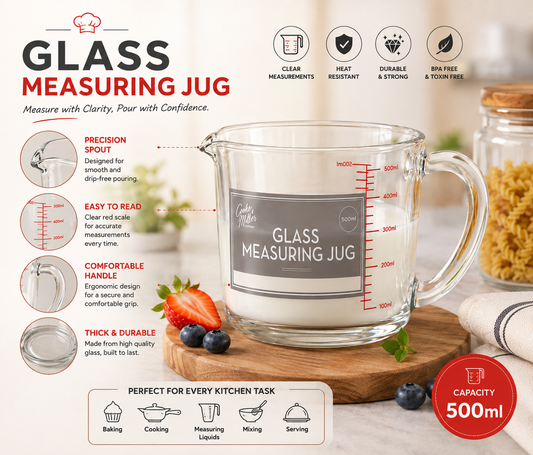 Measure every ingredient with precision! 🧁🥛
From flour and sugar to milk and oil, this 500ml Glass Measuring Jug makes baking and cooking easier, cleaner, and more accurate. A must-have for every kitchen! 👩‍🍳✨