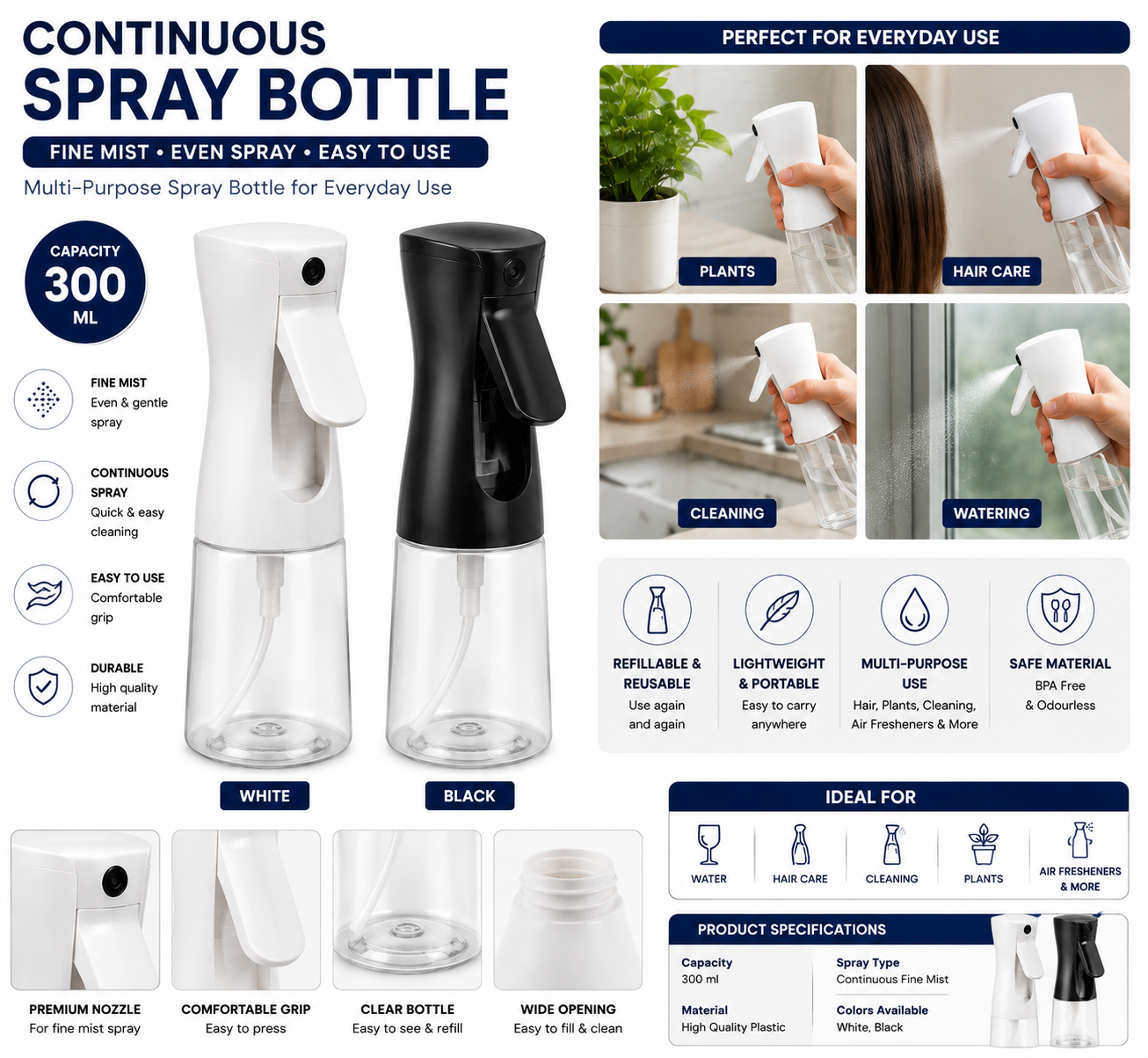 Oil Spray Bottle – Black | Fine Mist Sprayer for Kitchen Cooking