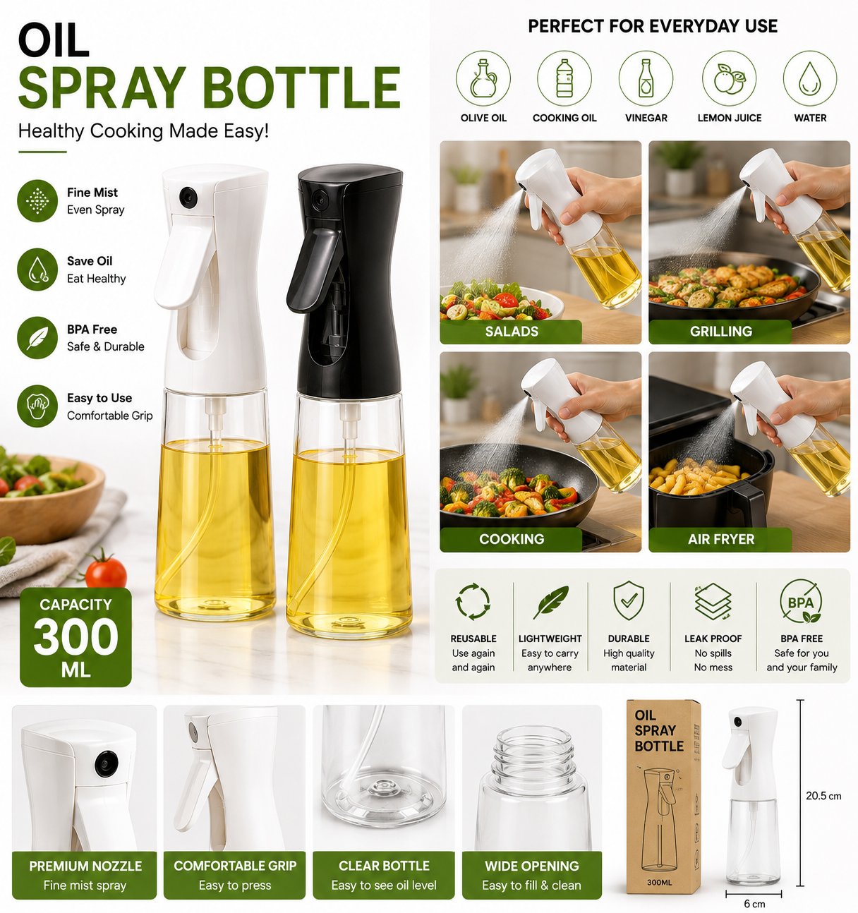 Oil Spray Bottle – Black | Fine Mist Sprayer for Kitchen Cooking