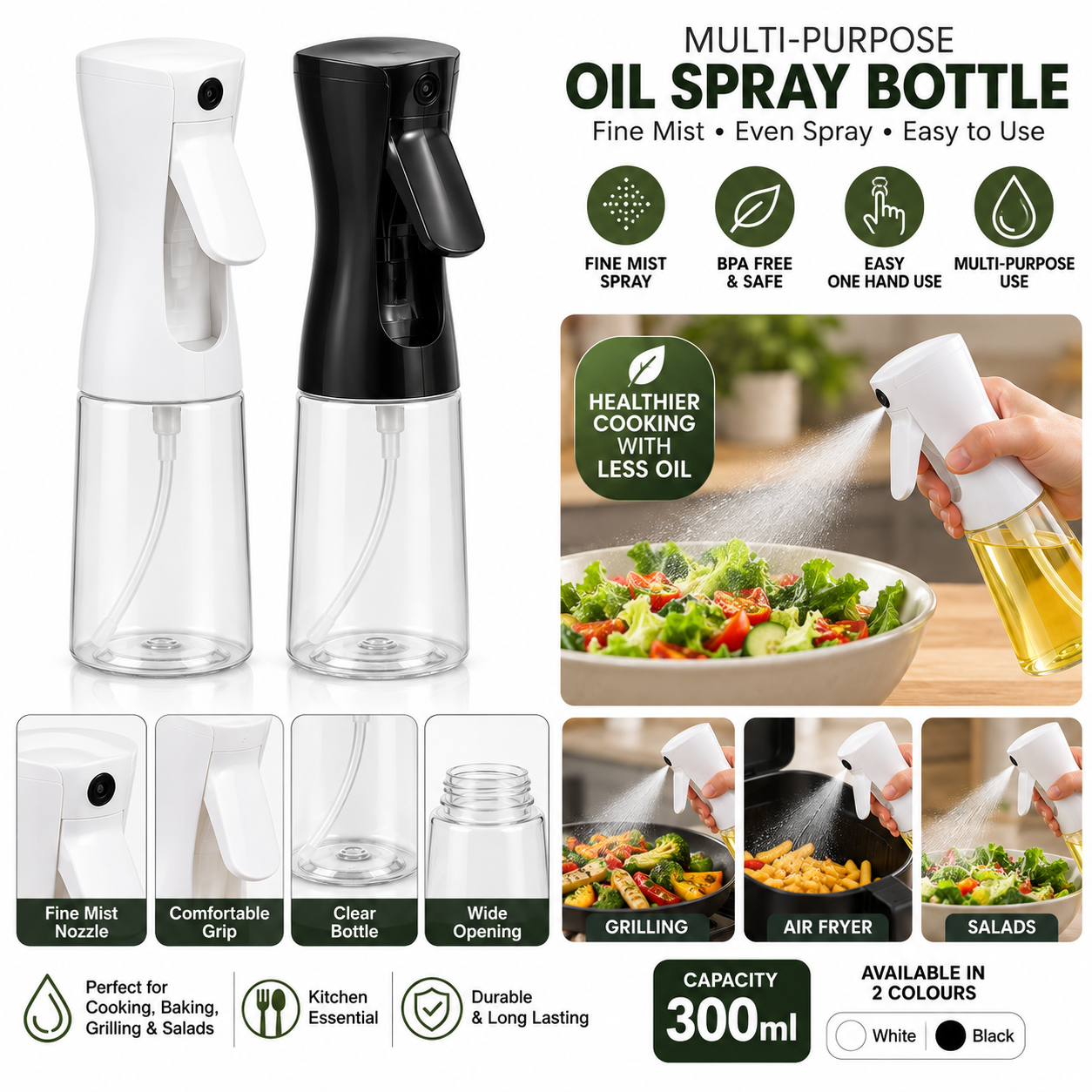 Oil Spray Bottle – Black | Fine Mist Sprayer for Kitchen Cooking