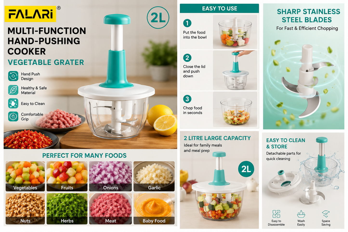 FALARI 2L Multi-Function Hand Push Vegetable Chopper & Food Processor