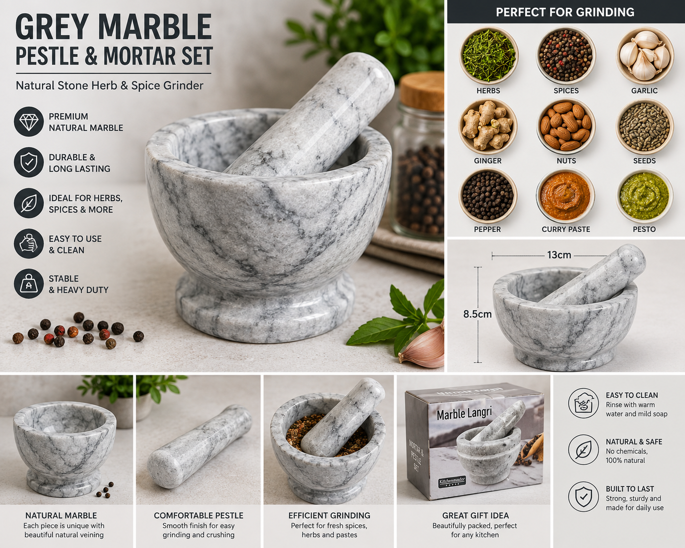 Grey Marble Pestle & Mortar Set – Natural Stone Herb & Spice Grinder