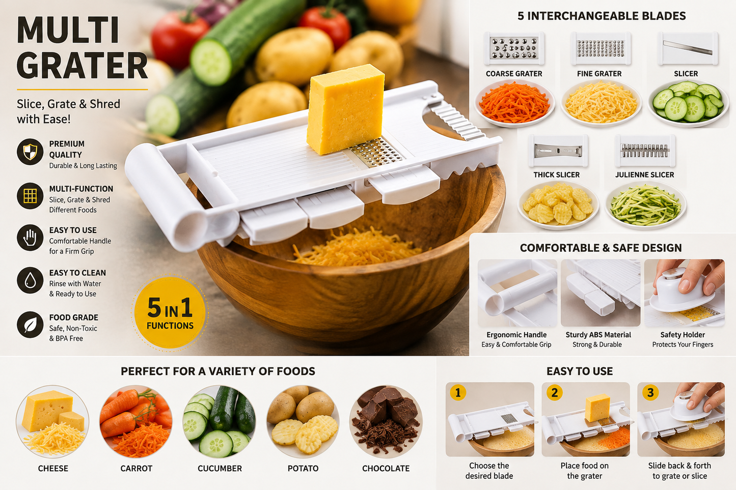Multi Function Vegetable Slicer & Grater with Interchangeable Blades