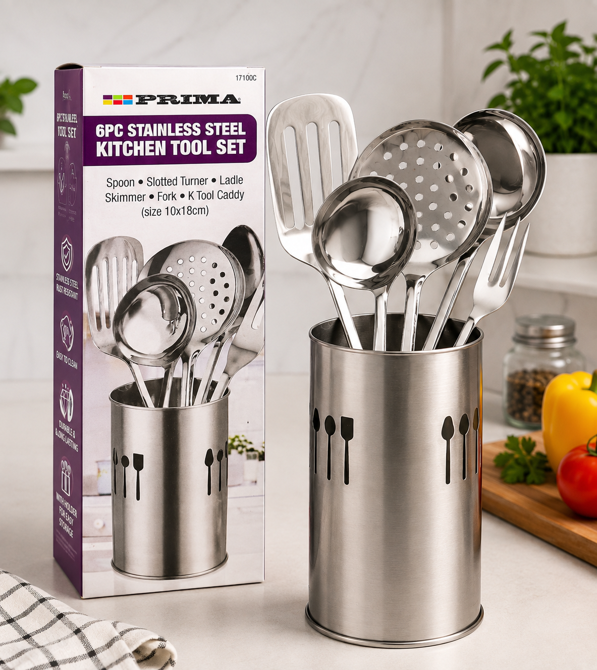 6 Piece Stainless Steel Kitchen Utensil Set with Holder
