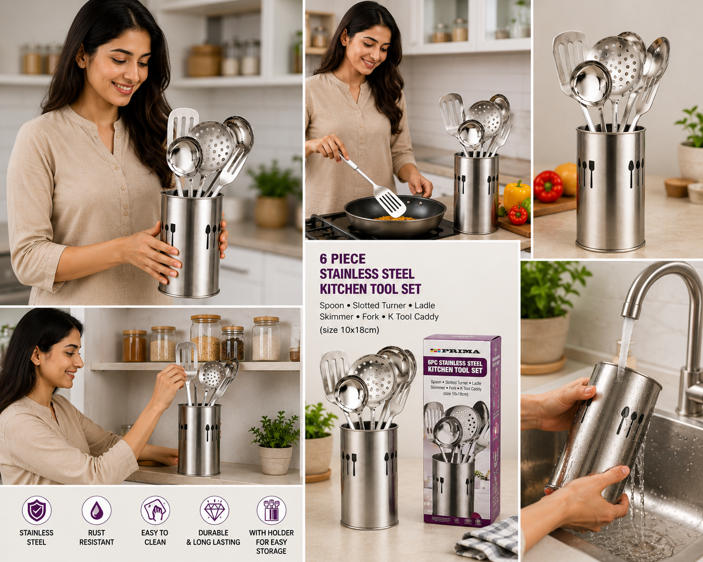 6 Piece Stainless Steel Kitchen Utensil Set with Holder