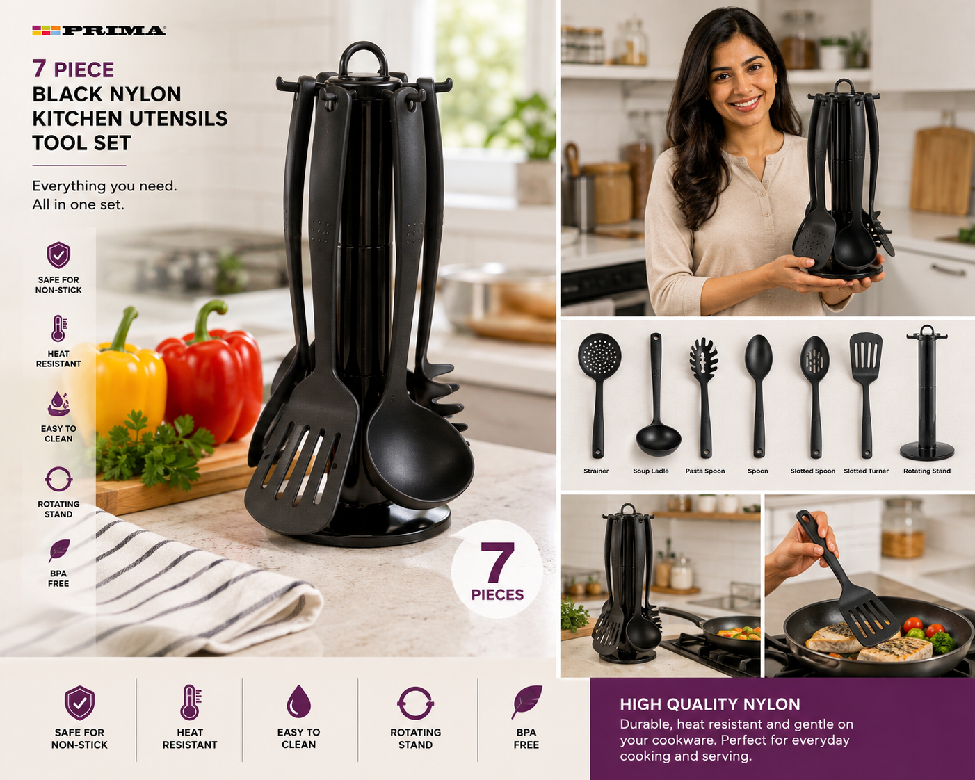 7 Piece Black Nylon Kitchen Utensil Set with Rotating Stand