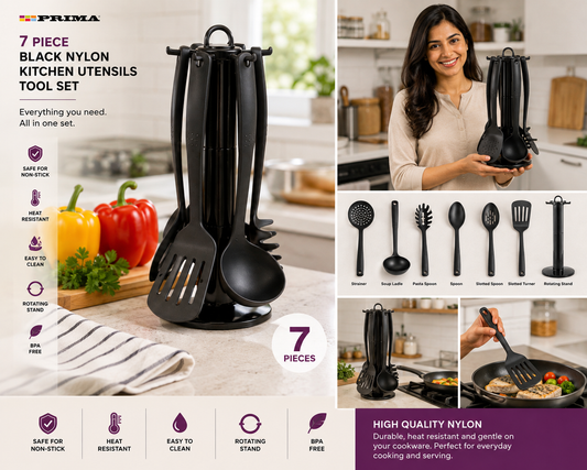 7 Piece Black Nylon Kitchen Utensil Set with Rotating Stand