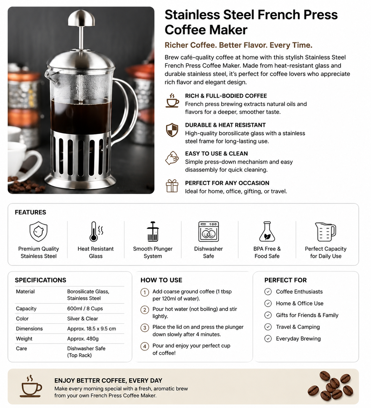 Stainless Steel & Glass French Press Coffee Maker | Manual Coffee Press | Heat-Resistant Coffee Maker