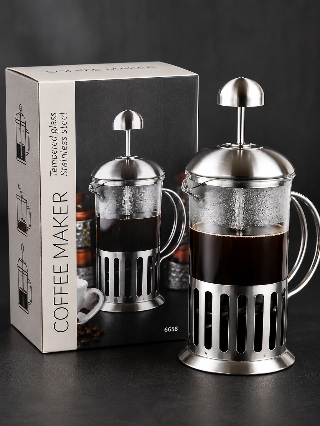Stainless Steel & Glass French Press Coffee Maker | Manual Coffee Press | Heat-Resistant Coffee Maker