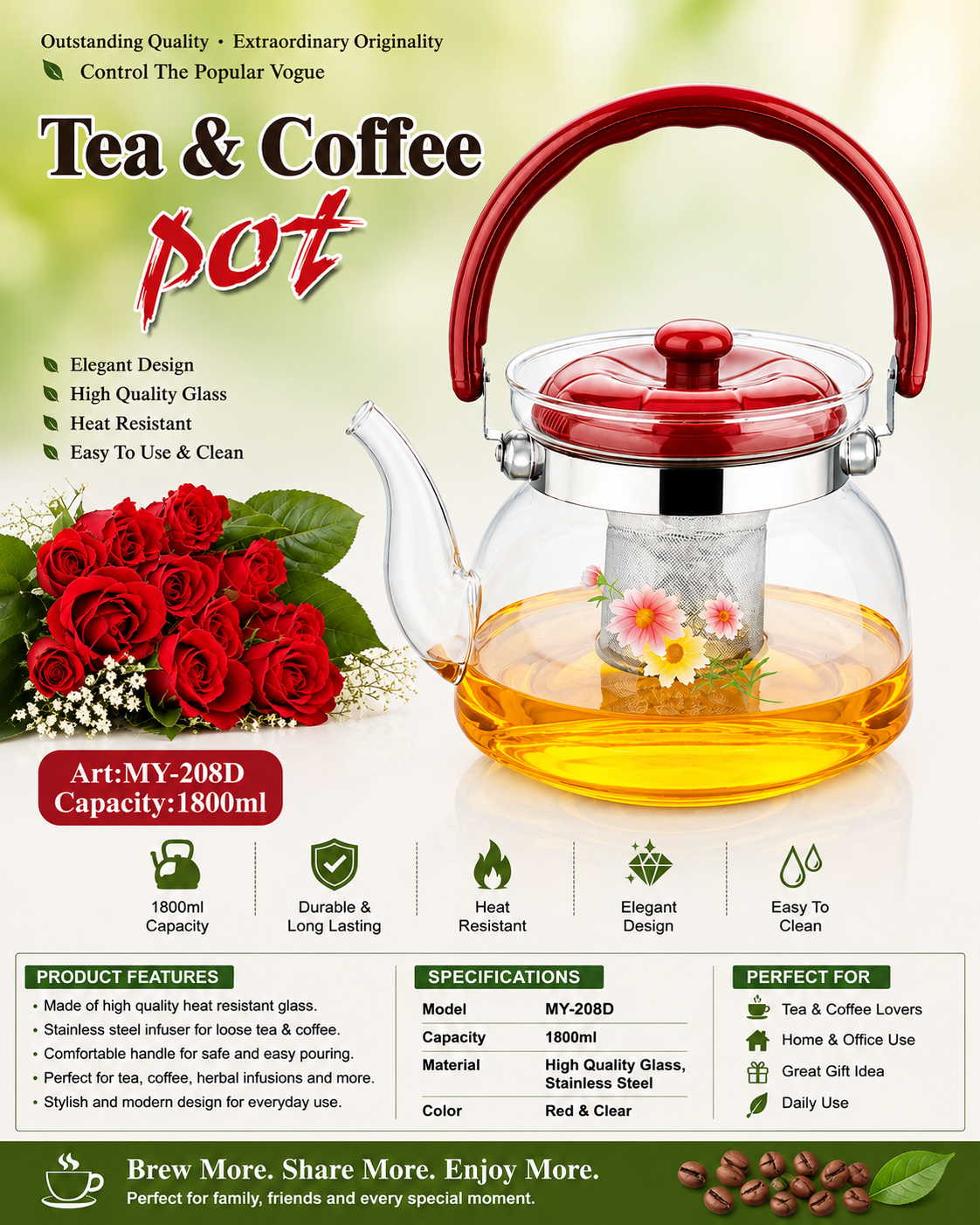 1800ml Glass Tea & Coffee Pot with Stainless Steel Infuser | Heat-Resistant Glass Teapot