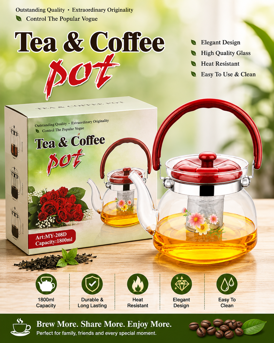 1800ml Glass Tea & Coffee Pot with Stainless Steel Infuser | Heat-Resistant Glass Teapot