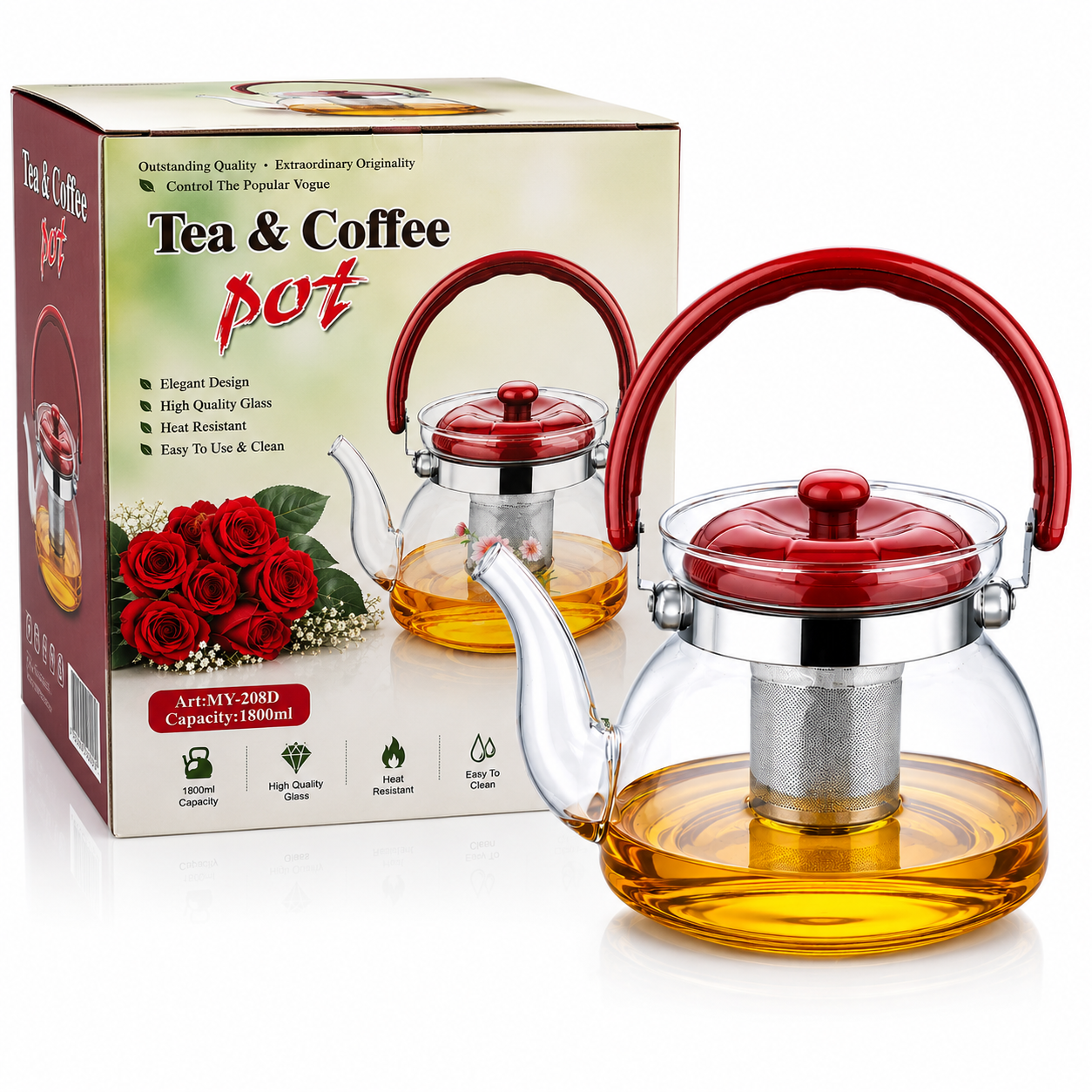 1800ml Glass Tea & Coffee Pot with Stainless Steel Infuser | Heat-Resistant Glass Teapot