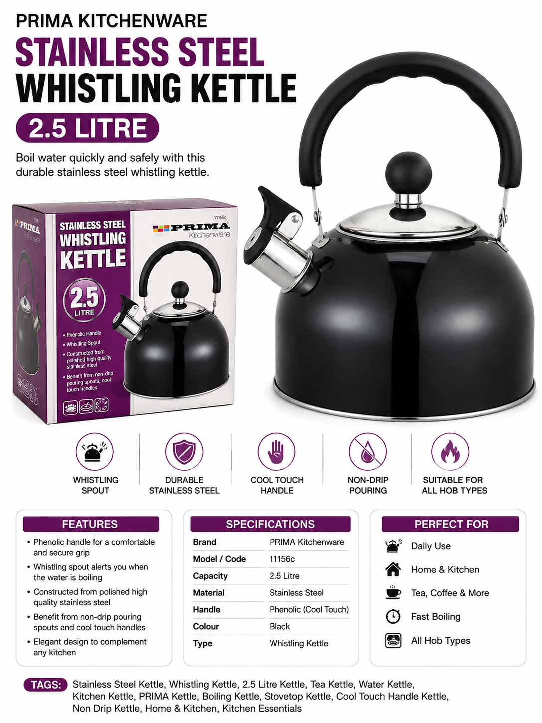2.5L Stainless Steel Whistling Kettle | Induction Compatible Tea Kettle with Cool Touch Handle
