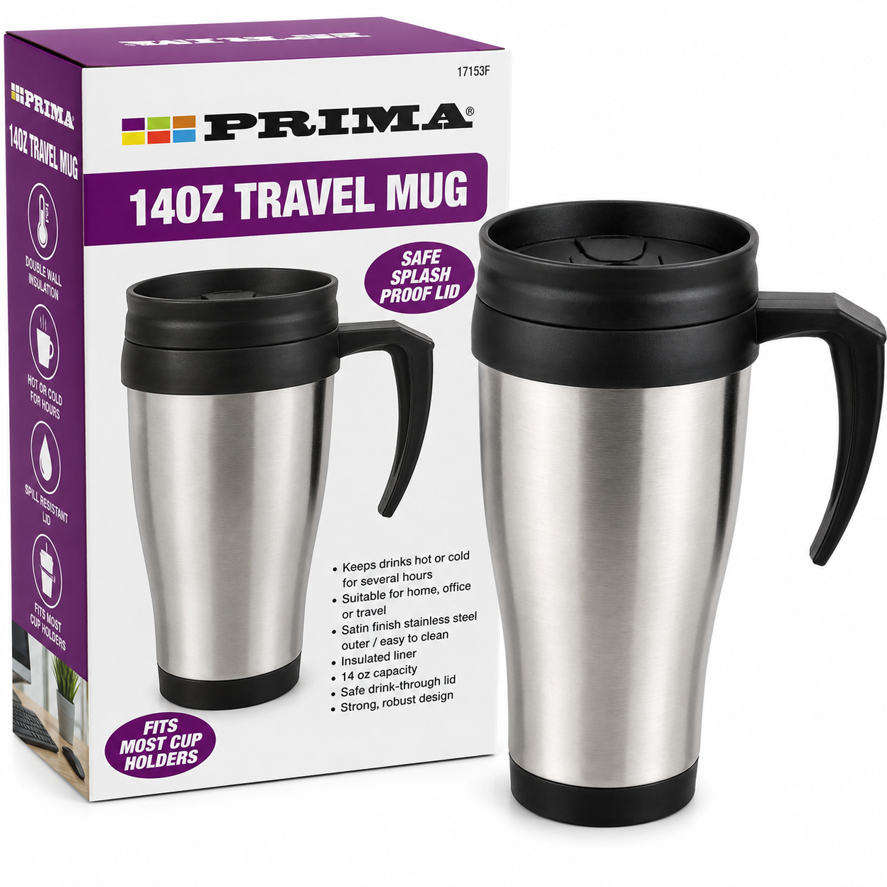 PRIMA 14oz Stainless Steel Travel Mug | Insulated Coffee Cup with Splash-Proof Lid