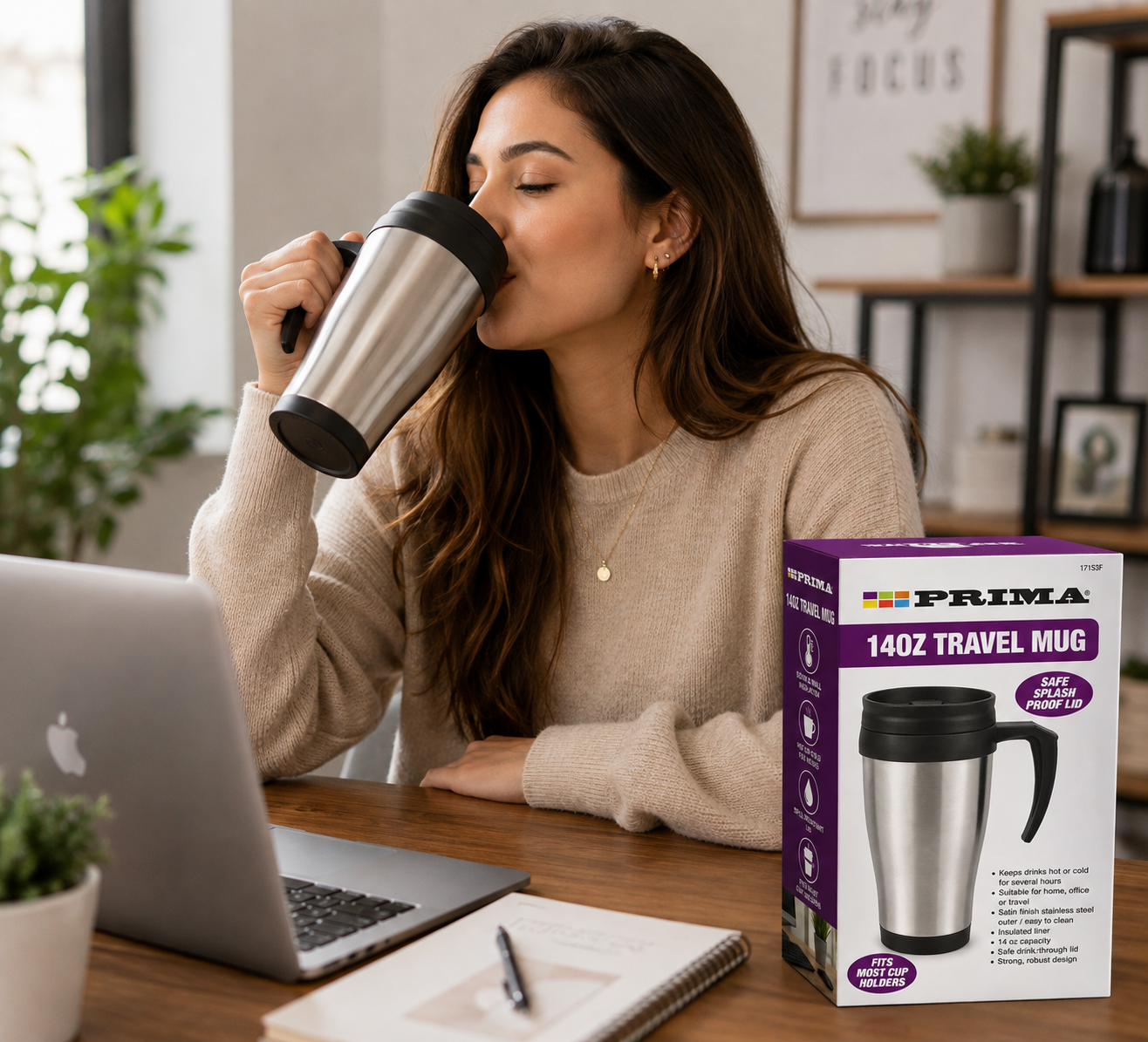 PRIMA 14oz Stainless Steel Travel Mug | Insulated Coffee Cup with Splash-Proof Lid