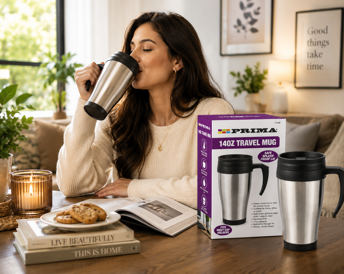 PRIMA 14oz Stainless Steel Travel Mug | Insulated Coffee Cup with Splash-Proof Lid