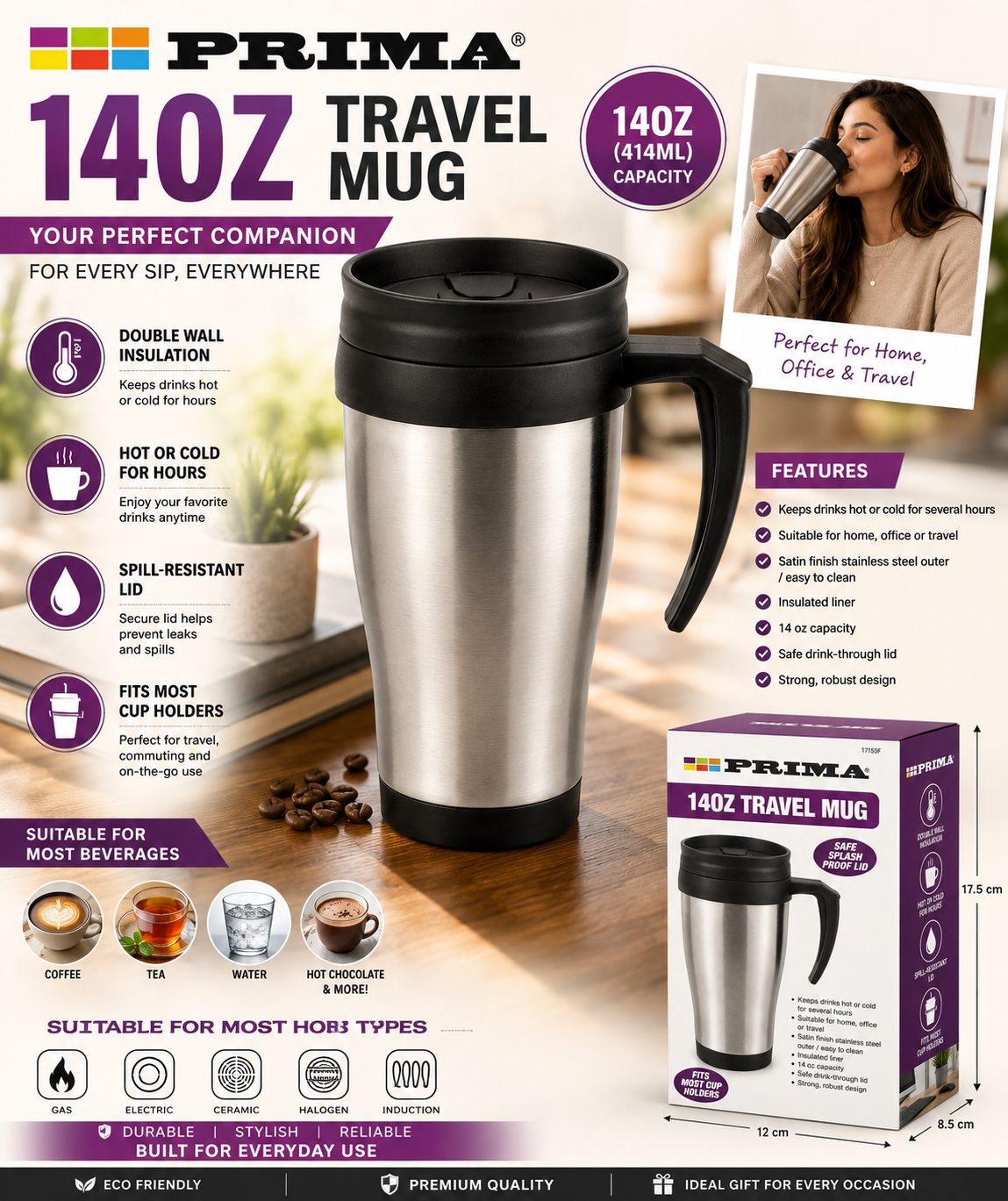 PRIMA 14oz Stainless Steel Travel Mug | Insulated Coffee Cup with Splash-Proof Lid