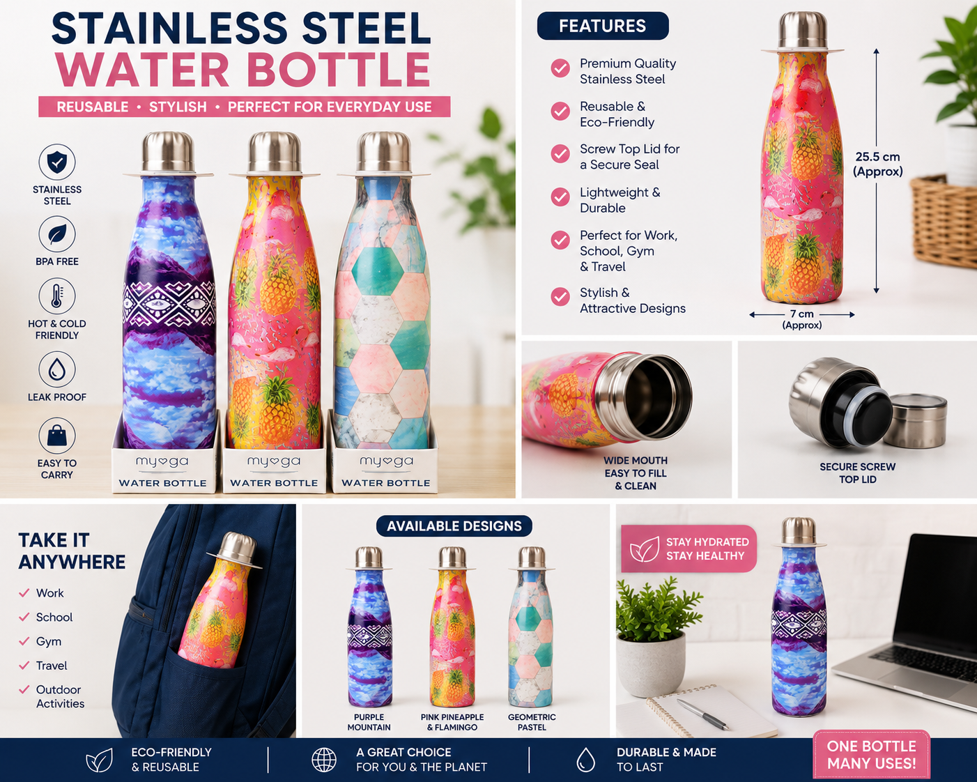Stainless Steel Water Bottle – Reusable Drinks Bottle – Assorted Designs Capactity 500ml