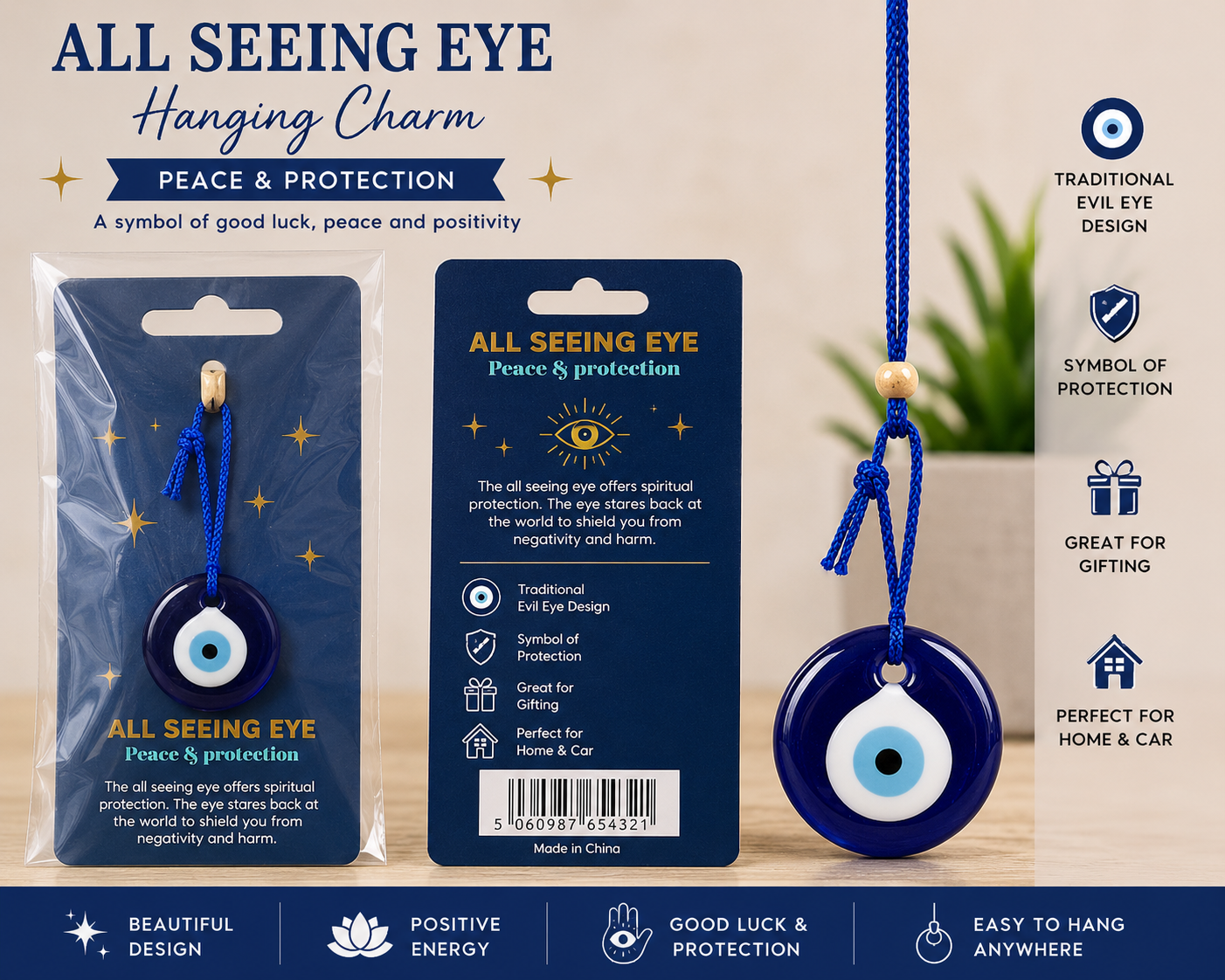 All Seeing Eye Evil Eye Hanging Charm – Peace & Protection – Blue