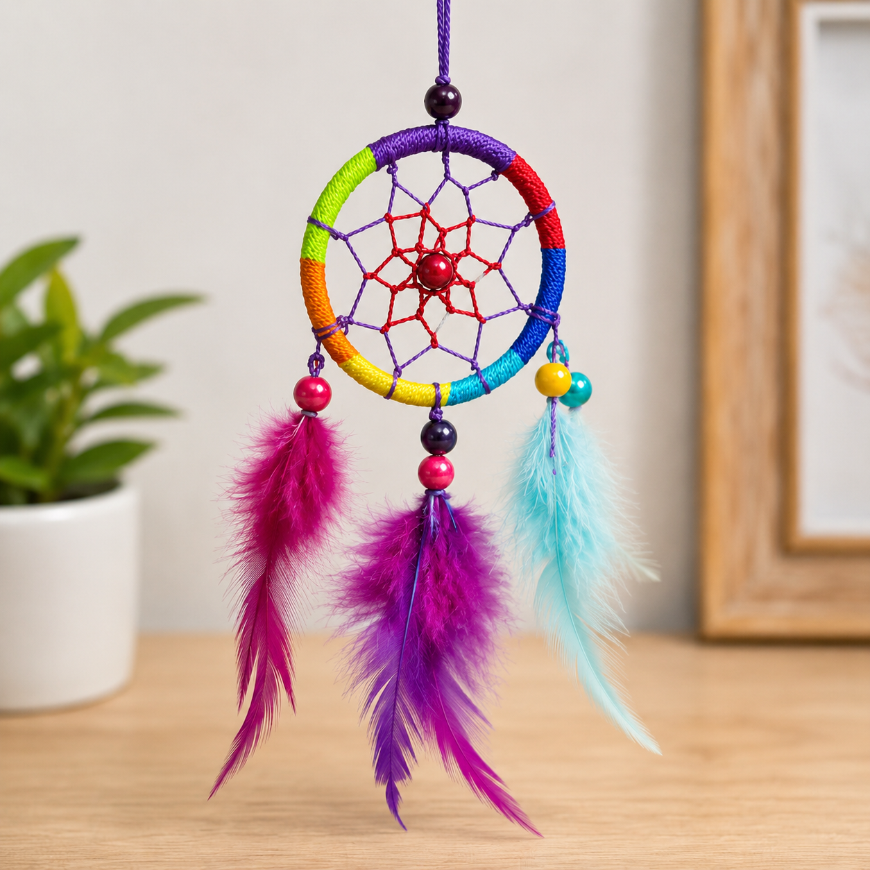 15cm Colourful Dreamcatcher Hanging Decoration – Feather Boho Room Wall Decor