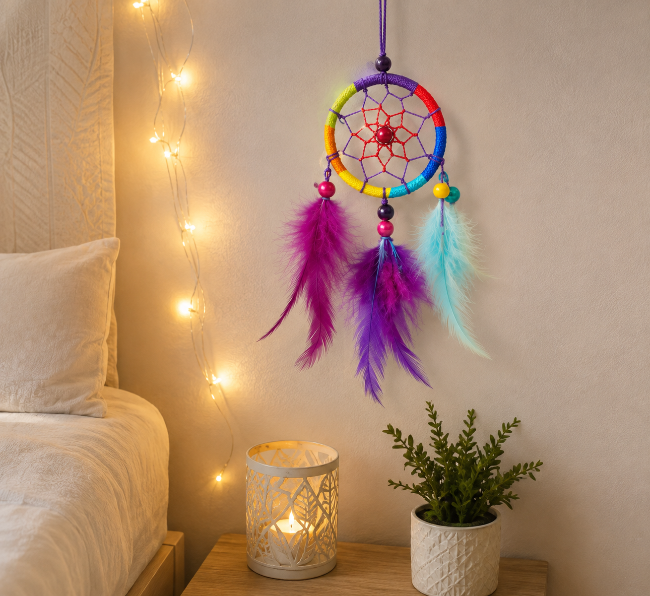 15cm Colourful Dreamcatcher Hanging Decoration – Feather Boho Room Wall Decor