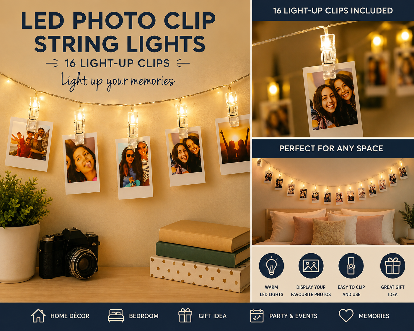 LED Photo Clip String Lights – 16 Light-Up Clips