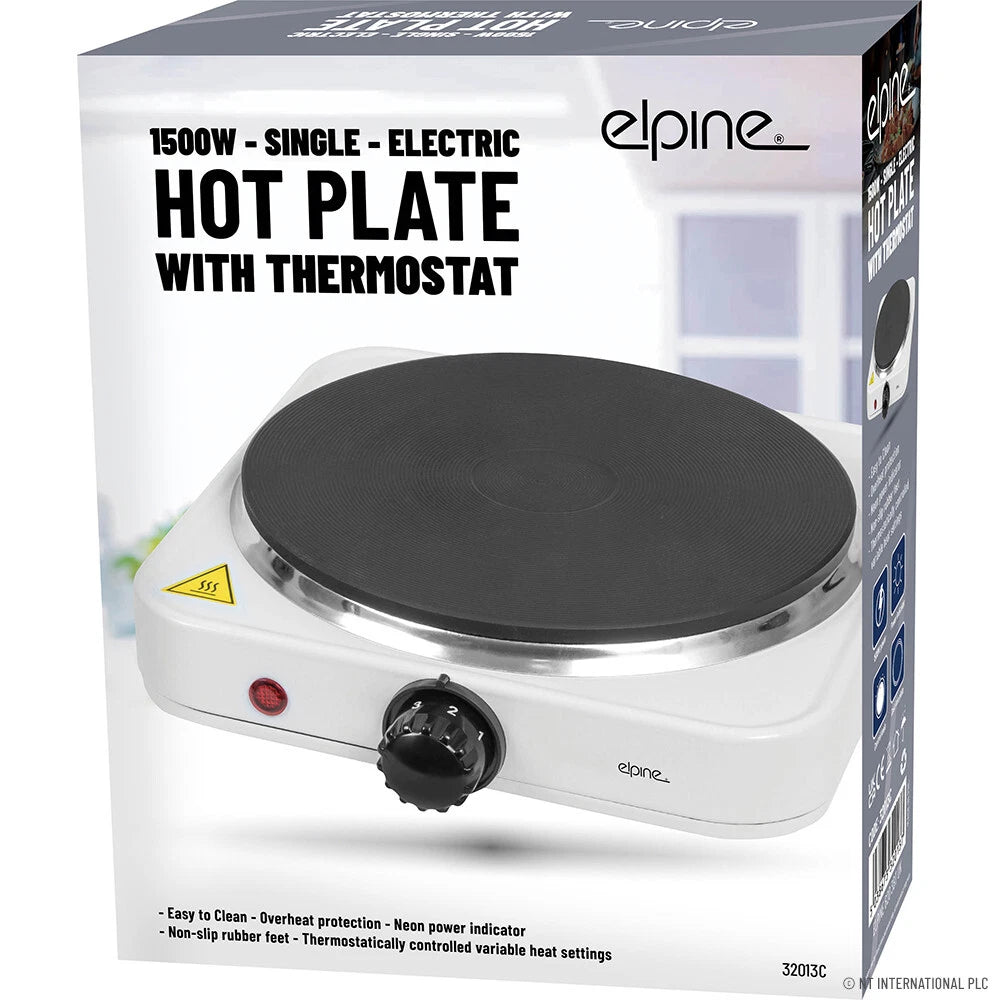 1500W Single Hot Plate with Thermostat – Tabletop Cast Iron Hob, 1 Ring